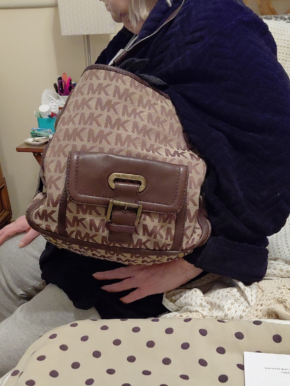 Michael Kors Tan and Brown MK Logo Hobo Bag